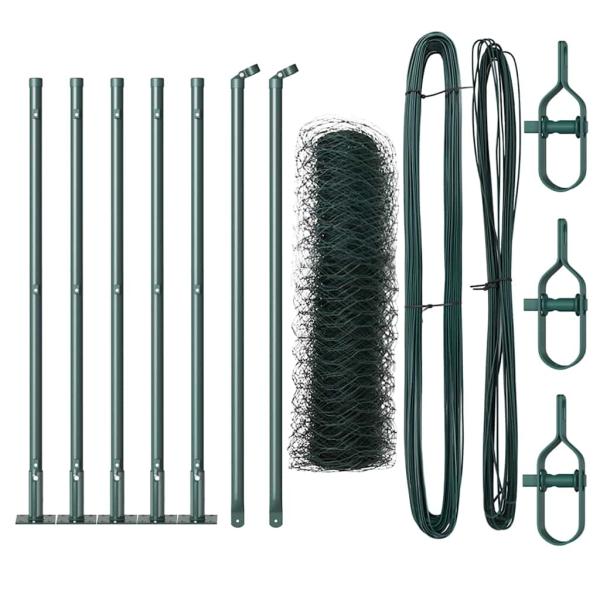 Sechseckzaun Grün 0.5x10 m Stahl, Zaunpfosten mit Grundplatten 7 Stück Ø32mm 70cm verzinkter Stahl