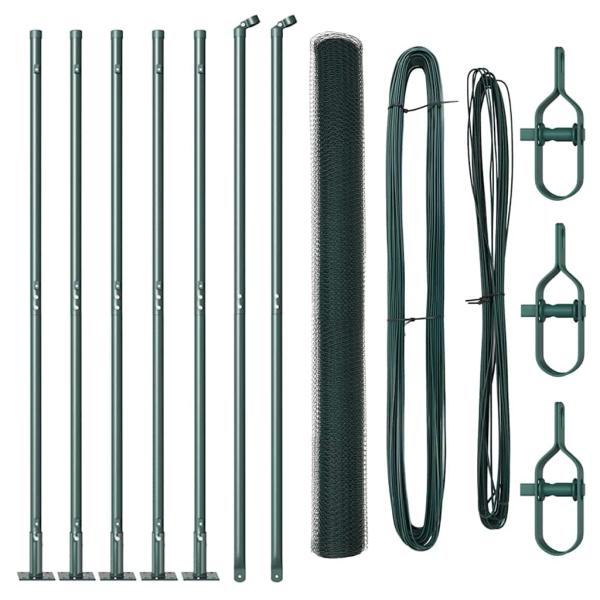 Sechseckzaun Grün 1,4x10 m Stahl, Zaunpfosten mit Bodenplatten 7 Stk Ø32mm 78,5cm verzinkter Stahl