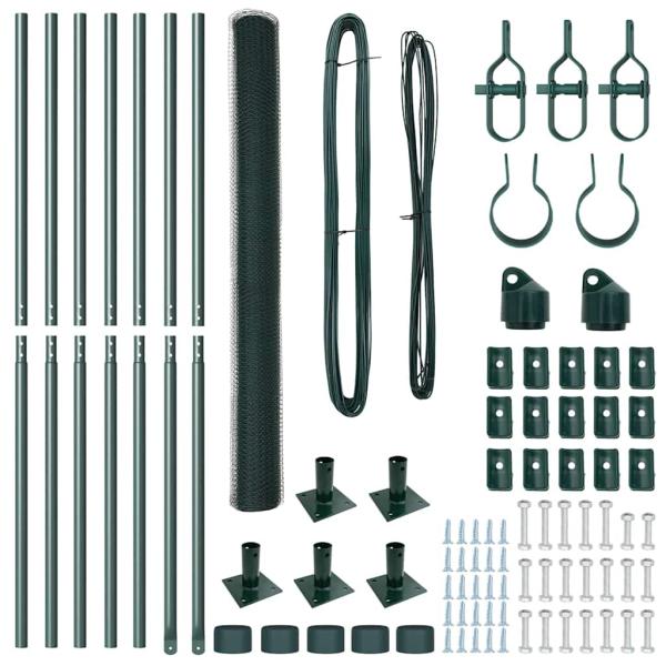 Hexagonzaun Grün 1,5x10 m Stahl, Zaunpfosten mit Fußplatten 7 Stück Ø32mm 83,5cm verzinkter Stahl