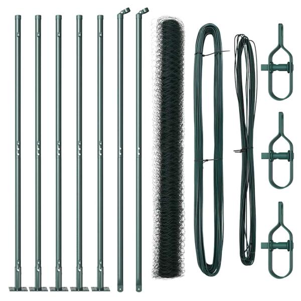Sechseck-Zaun Grün 1,5x10 m Stahl, Zaunpfosten mit Basisplatten 7 Stück Ø32mm 83,5cm Verzinkter Stahl