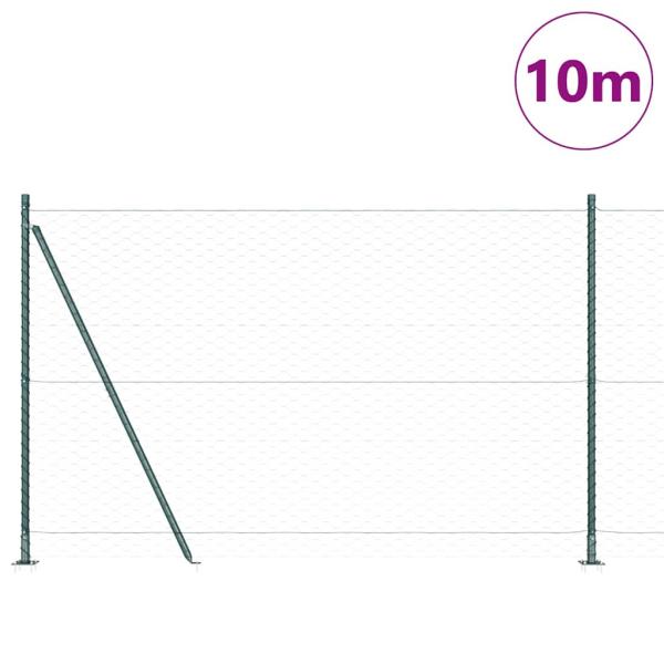 Sechseck-Zaun Grün 1,5x10 m Stahl, Zaunpfosten mit Basisplatten 7 Stück Ø32mm 83,5cm Verzinkter Stahl