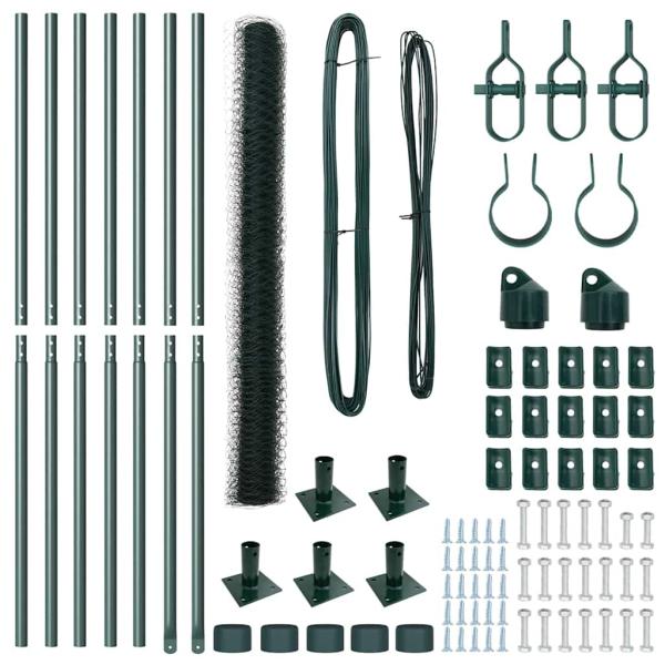 Sechseck-Zaun Grün 1,5x10 m Stahl, Zaunpfosten mit Basisplatten 7 Stück Ø32mm 83,5cm Verzinkter Stahl