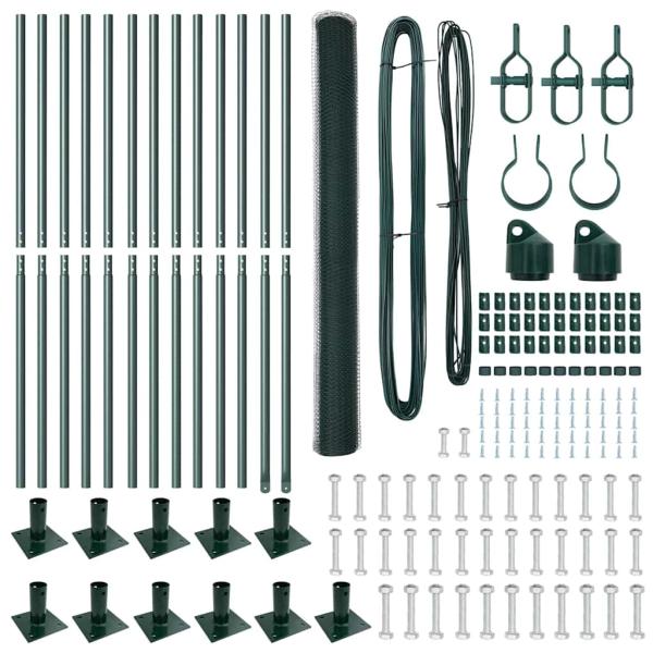 Sechseckzaun Grün 1,6x25 m Stahl, Zaunpfosten mit Bodenplatten 13 Stück Ø32mm 88,5cm verzinkter Stahl