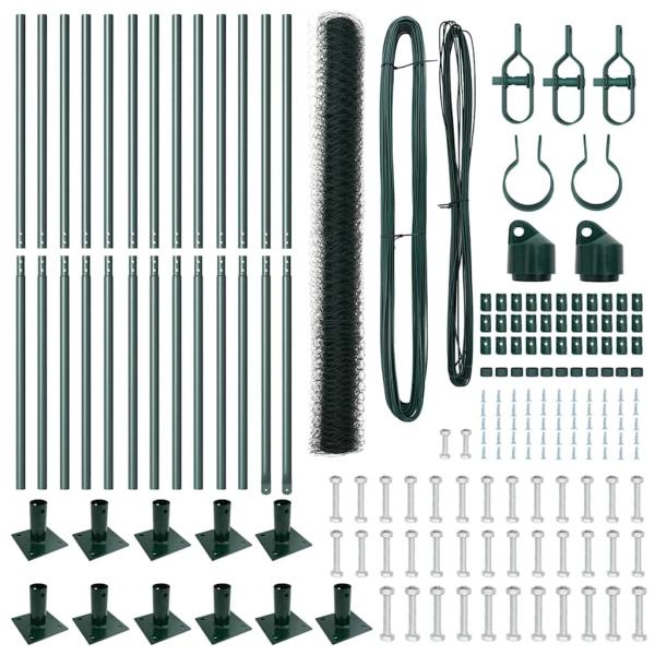 Sechseck-Zaun Grün 1,6x25 m Stahl, Zaunpfosten mit Fußplatten 13 Stück Ø32mm 88,5cm verzinkter Stahl
