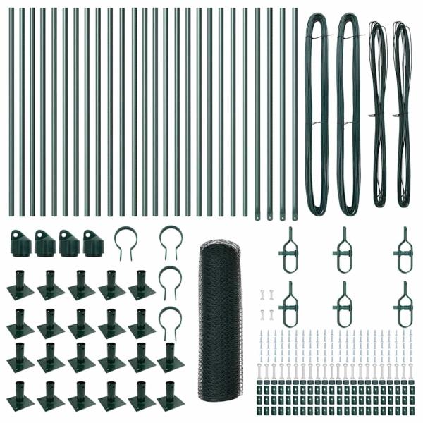 Sechseckzaun Grün 1x50 m Stahl, Zaunpfosten mit Base-Platten 13 Stk Ø32mm 110cm verzinkter Stahl
