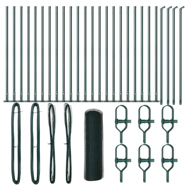 Sechseckzaun Grün 1x50 m Stahl, Zaunpfähle mit Grundplatten 13 Stück Ø32mm 110cm verzinkter Stahl