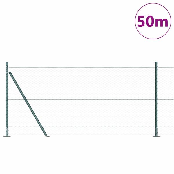 Sechseckzaun Grün 1x50 m Stahl, Zaunpfähle mit Grundplatten 13 Stück Ø32mm 110cm verzinkter Stahl
