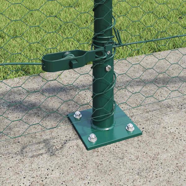 Sechseckzaun Grün 1x50 m Stahl, Zaunpfähle mit Grundplatten 13 Stück Ø32mm 110cm verzinkter Stahl
