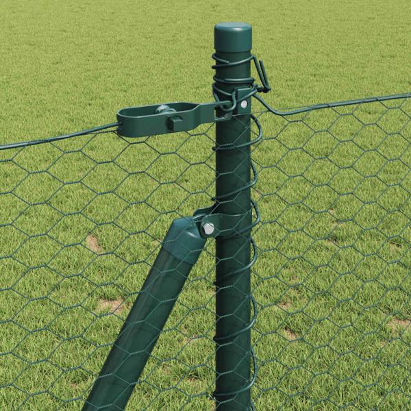 Sechseckzaun Grün 1x50 m Stahl, Zaunpfähle mit Grundplatten 13 Stück Ø32mm 110cm verzinkter Stahl