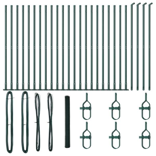 Sechseckzaun Grün 1,4x50 m Stahl, Zaunpfosten mit Basisplatten 13 Stück Ø32mm 78,5cm verzinkter Stahl