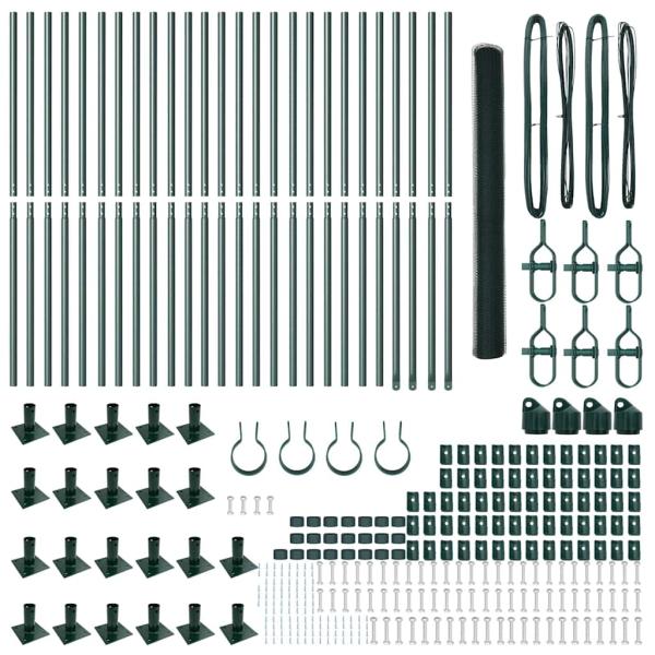 Sechseckzaun Grün 1,4x50 m Stahl, Zaunpfosten mit Basisplatten 13 Stück Ø32mm 78,5cm verzinkter Stahl