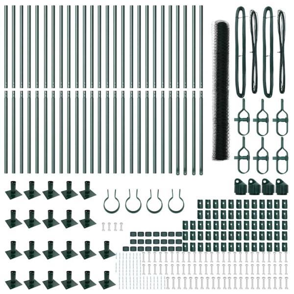 Sechseckzaun Grün 1,4x50 m Stahl, Zaunpfosten mit Fundamentplatten 13 Stück Ø32mm 78,5cm verzinkter Stahl