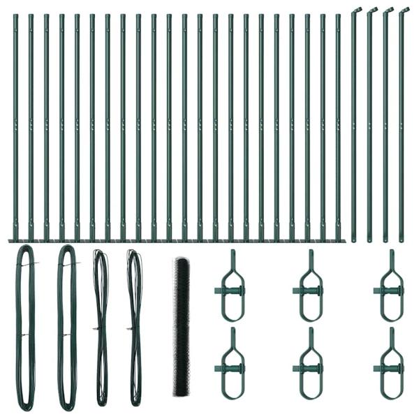 Sechseckzaun Grün 1,5x50 m Stahl, Zaunpfosten mit Fundamentplatten 13 Stk Ø32mm 83,5cm verzinkter Stahl