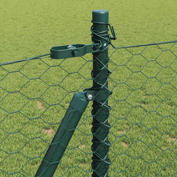 Sechseckzaun Grün 0,8x100 m Stahl, Zaunpfosten mit Fußplatten 13 Stück Ø32mm 90cm verzinkter Stahl