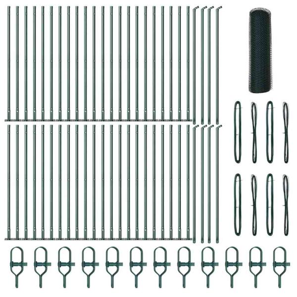 Sechseckzaun Grün 1x100 m Stahl, Zaunpfosten mit Basisplatten 13 Stk Ø32mm 110cm Verzinkter Stahl