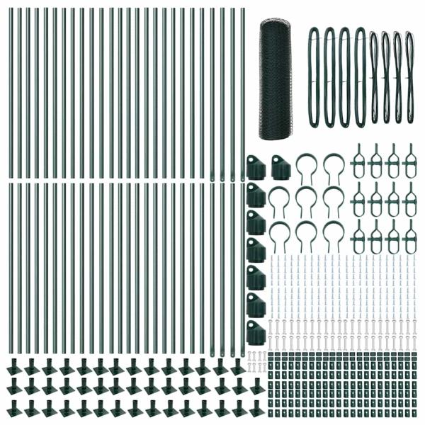 Sechseckzaun Grün 1x100 m Stahl, Zaunpfosten mit Basisplatten 13 Stk Ø32mm 110cm Verzinkter Stahl