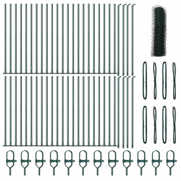 Sechseckzaun Grün 1x100 m Stahl, Zaunpfosten mit Fundamentplatten 13 Stück Ø32mm 110cm verzinkter Stahl
