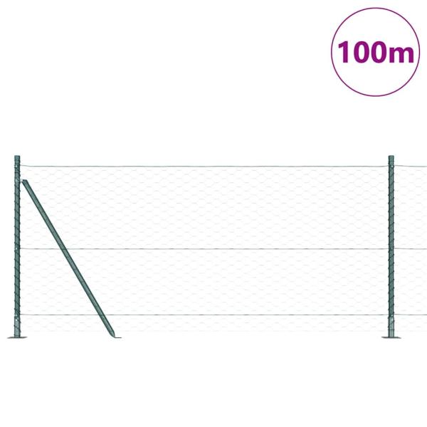 Sechseckzaun Grün 1x100 m Stahl, Zaunpfosten mit Fundamentplatten 13 Stück Ø32mm 110cm verzinkter Stahl