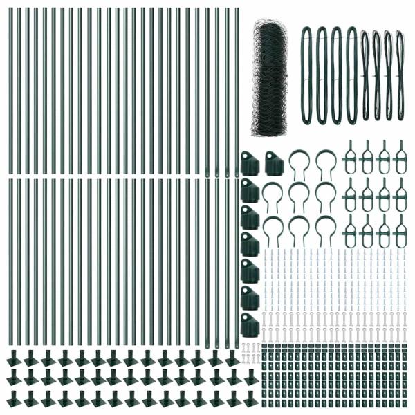 Sechseckzaun Grün 1x100 m Stahl, Zaunpfosten mit Fundamentplatten 13 Stück Ø32mm 110cm verzinkter Stahl