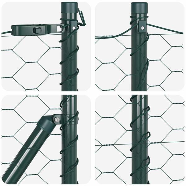 Sechseckzaun Grün 1x100 m Stahl, Zaunpfosten mit Fundamentplatten 13 Stück Ø32mm 110cm verzinkter Stahl