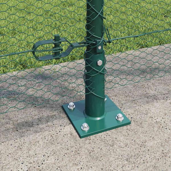 Hexagonzaun Grün 1,2x100 m Stahl, Zaunpfosten mit Bodenplatten 13 Stück Ø32mm 68,5cm Verzinkter Stahl