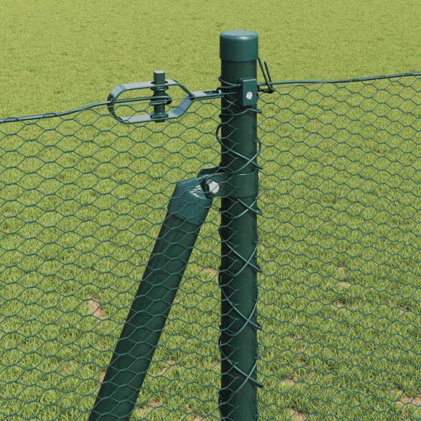 Hexagonzaun Grün 1,2x100 m Stahl, Zaunpfosten mit Bodenplatten 13 Stück Ø32mm 68,5cm Verzinkter Stahl