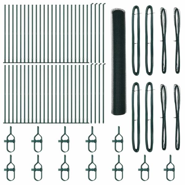 Hexagon Zaun Grün 1,2x100 m Stahl, Zaunpfosten mit Bodenplatten 13 Stück Ø32mm 68,5cm verzinkter Stahl