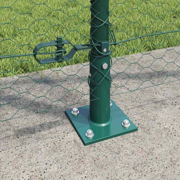 Hexagon Zaun Grün 1,2x100 m Stahl, Zaunpfosten mit Bodenplatten 13 Stück Ø32mm 68,5cm verzinkter Stahl