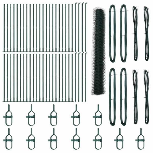 Hexagonzaun Grün 1,2x100 m Stahl, Zaunpfosten mit Bodenplatten 13 Stück Ø32mm 68,5cm galvanisierter Stahl