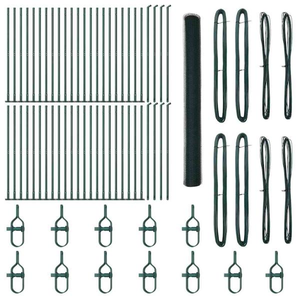 Sechseckzaun Grün 1.4x100 m Stahl, Zaunpfeiler mit Basisplatten 13 Stück Ø32mm 78.5cm verzinkter Stahl