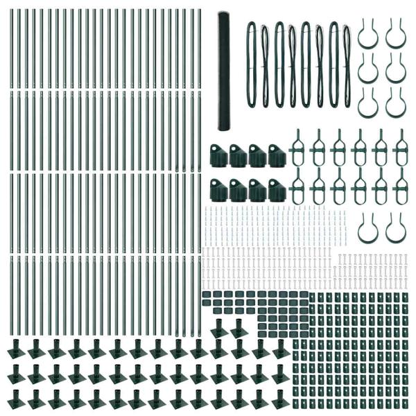 Sechseckzaun Grün 1.4x100 m Stahl, Zaunpfeiler mit Basisplatten 13 Stück Ø32mm 78.5cm verzinkter Stahl