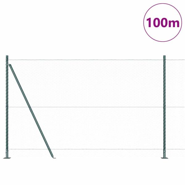 Sechseckzaun Grün 1,6x100 m Stahl, Zaunpfosten mit Basisplatten 13 Stück Ø32mm 88,5cm verzinkter Stahl