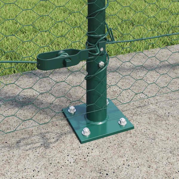 Sechseckzaun Grün 1,6x100 m Stahl, Zaunpfosten mit Basisplatten 13 Stück Ø32mm 88,5cm verzinkter Stahl