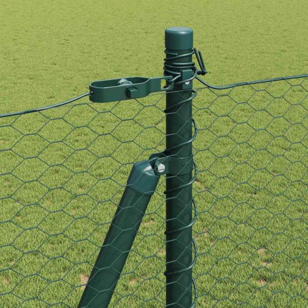 Sechseckzaun Grün 1,6x100 m Stahl, Zaunpfosten mit Basisplatten 13 Stück Ø32mm 88,5cm verzinkter Stahl