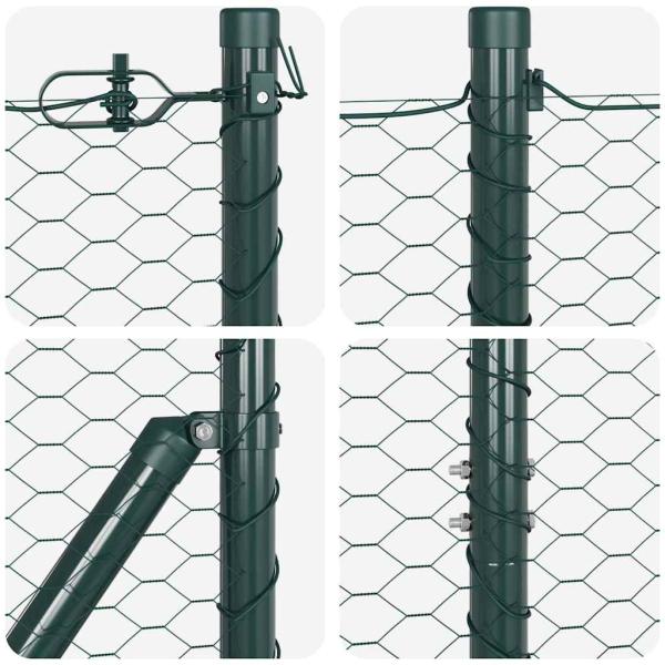 Sechseckzaun Grün 1,6x100 m Stahl, Zaunpfosten mit Basisplatten 13 Stück Ø32mm 88,5cm verzinkter Stahl