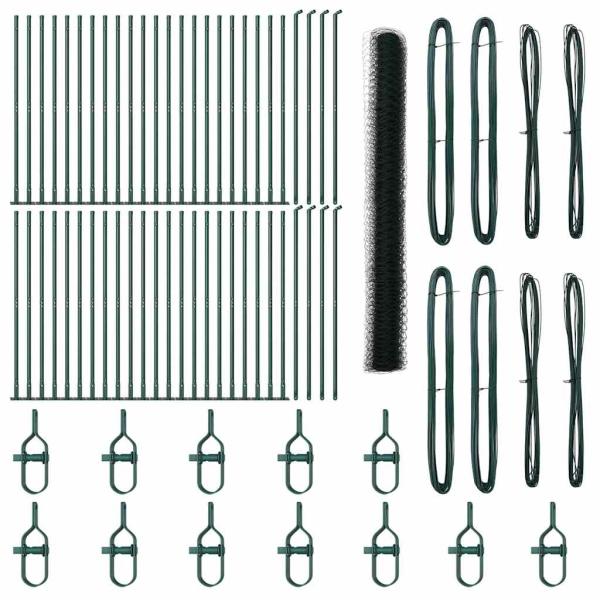 Sechseckenzaun Grün 1,6x100 m Stahl, Zaunpfosten mit Bodenplatten 13 Stk Ø32mm 88,5cm verzinkter Stahl