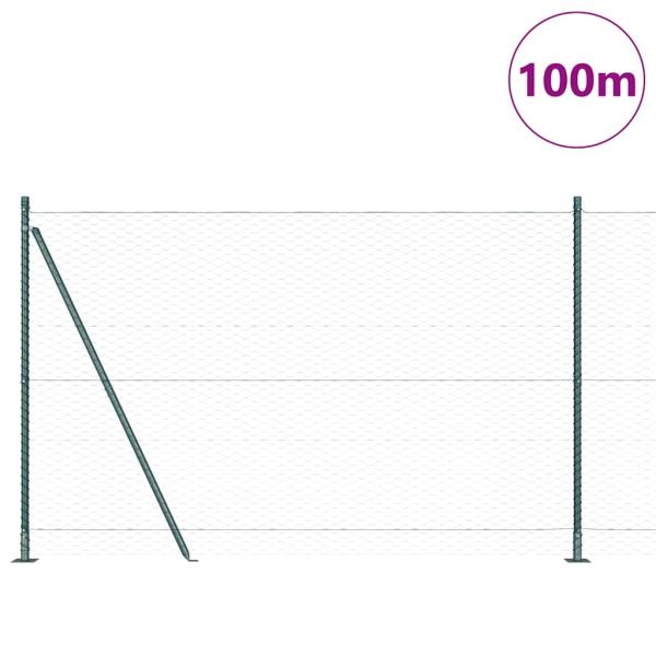 Sechseckenzaun Grün 1,6x100 m Stahl, Zaunpfosten mit Bodenplatten 13 Stk Ø32mm 88,5cm verzinkter Stahl