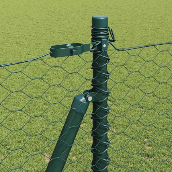 Sechseckenzaun Grün 1,6x100 m Stahl, Zaunpfosten mit Bodenplatten 13 Stk Ø32mm 88,5cm verzinkter Stahl