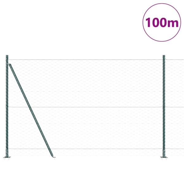 Sechseckzaun Grün 1,6x100 m Stahl, Zaunpfosten mit Basisplatten 13 Stück Ø32mm 88,5cm verzinkter Stahl