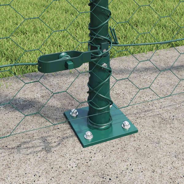 Sechseckzaun Grün 1,6x100 m Stahl, Zaunpfosten mit Basisplatten 13 Stück Ø32mm 88,5cm verzinkter Stahl