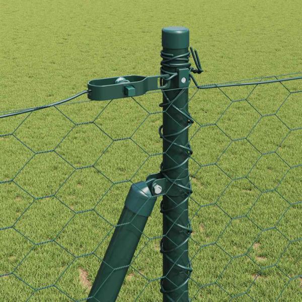 Sechseckzaun Grün 1,6x100 m Stahl, Zaunpfosten mit Basisplatten 13 Stück Ø32mm 88,5cm verzinkter Stahl