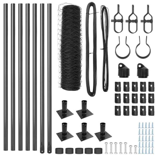 Sechseck-Zaun Grau 0,4x10 m Stahl, Zaunpfosten mit Fußplatten 7 Stück Ø32mm 50cm verzinkter Stahl