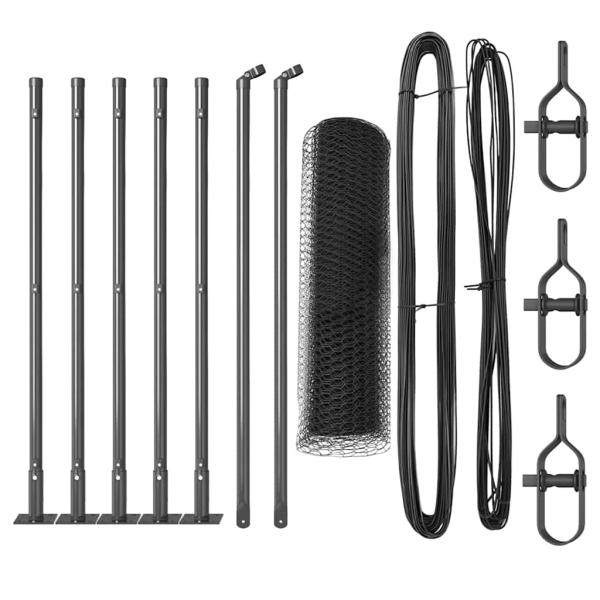 Sechskantzaun Grau 0,6x10 m aus Stahl, Zaunpfosten mit Sockelplatten 7 Stück Ø32mm 70cm verzinkter Stahl