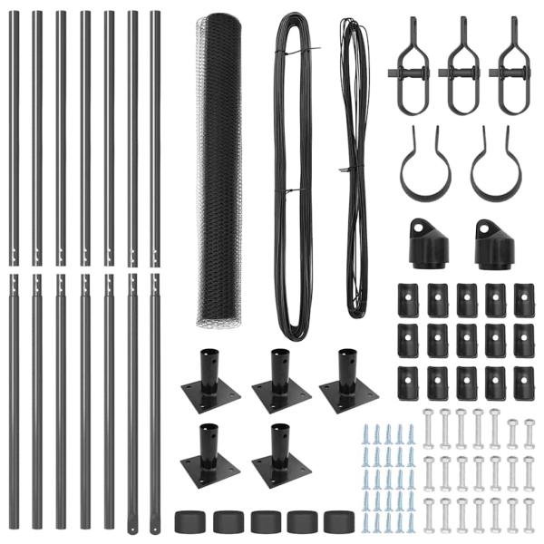 Hexagonzaun Grau 0,8x10 m Stahl, Zaunpfosten mit Fundamentplatten 7 Stück Ø32mm 90cm Verzinkter Stahl