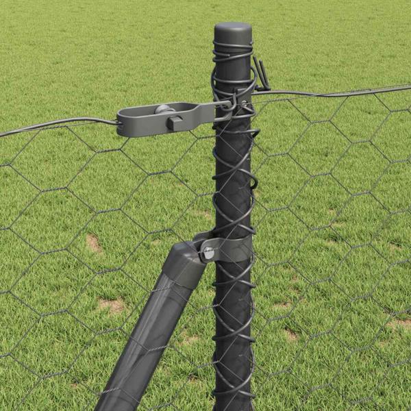 Sechseckzaun Grau 1x10 m Stahl, Zaunpfosten mit Bodenplatten 7 Stück Ø32mm 110cm verzinkter Stahl