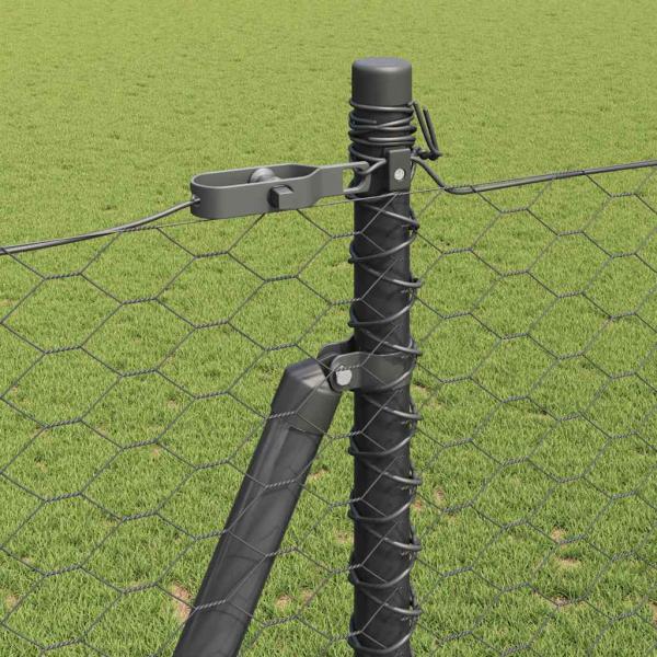 Sechseckzaun Grau 1,5x10 m Stahl, Zaunpfosten mit Fundamentplatten 7 Stück Ø32mm 83,5cm verzinkter Stahl