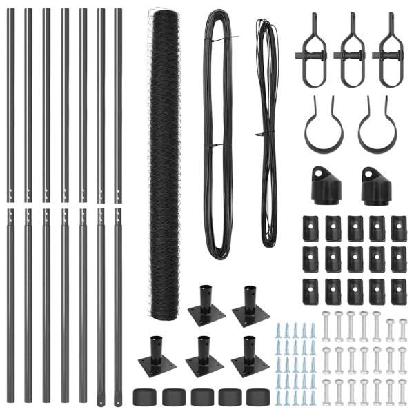 Sechseckzaun Grau 1,5x10 m Stahl, Zaunpfosten mit Fundamentplatten 7 Stück Ø32mm 83,5cm verzinkter Stahl