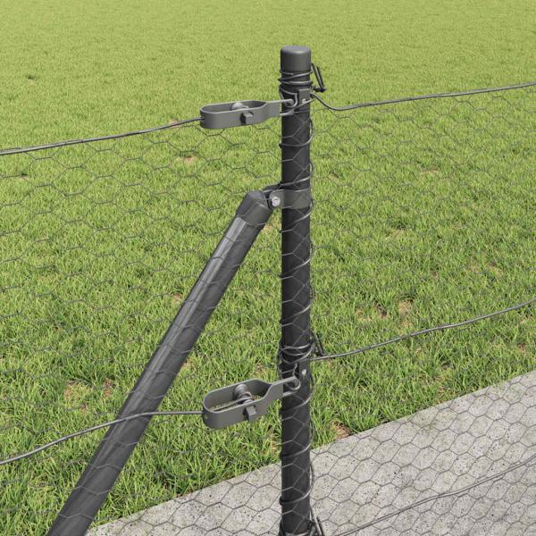 Sechseckzaun Grau 0,6x25 m Stahl, Zaunpfosten mit Fußplatten 13 Stück Ø32mm 70cm verzinkter Stahl