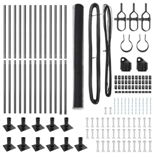 Sechseckzaun Grau 1,4x25 m Stahl, Zaunpfosten mit Bodenplatten 13 St. Ø32mm 78,5cm verzinkter Stahl
