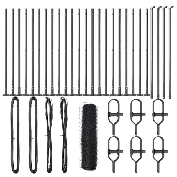 Sechseckzaun Grau 0,4x50 m Stahl, Zaunpfosten mit Bodenplatten 13 Stk Ø32mm 50cm verzinkter Stahl